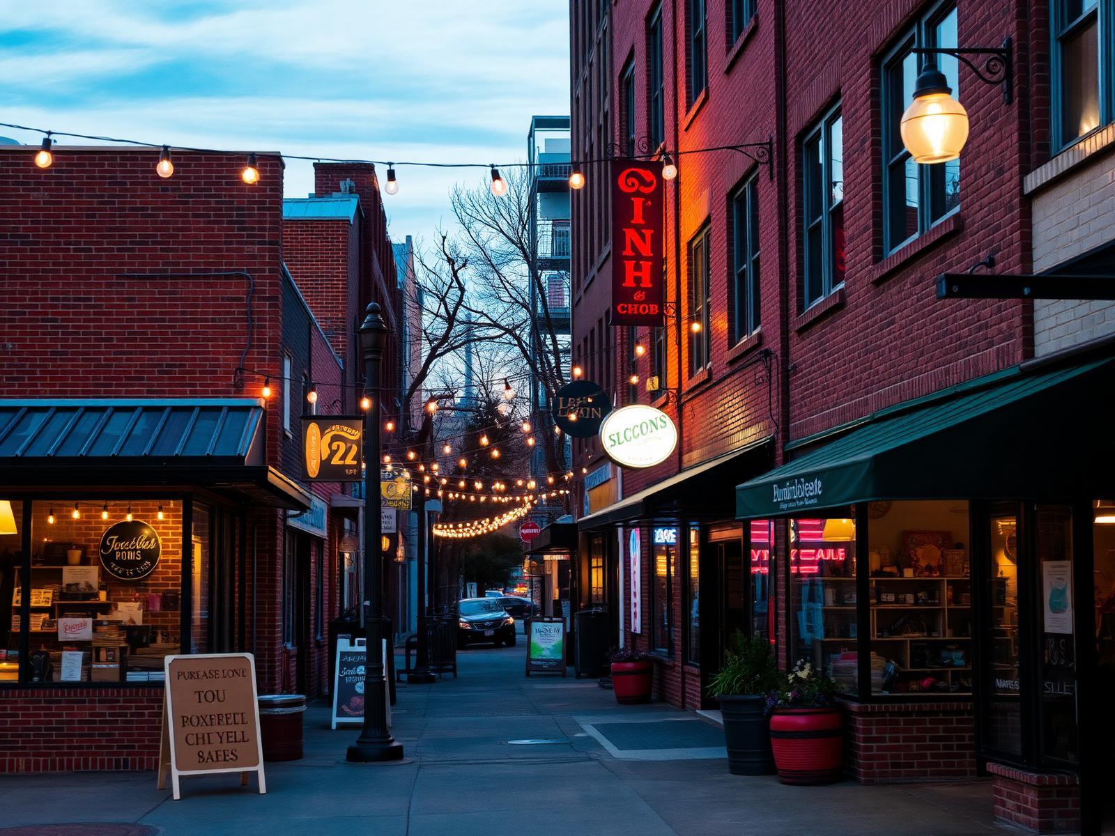 East Austin small business district with warm string lights at dusk