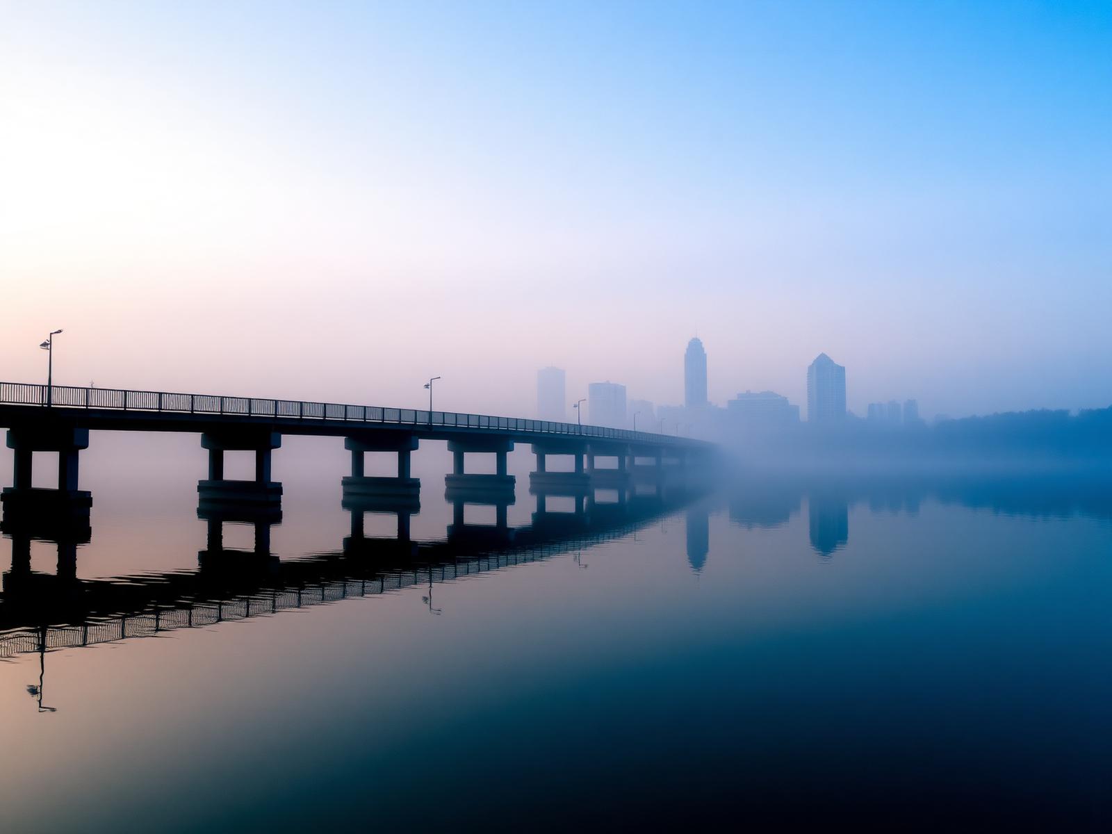 Lady Bird Lake in Austin at sunrise, downtown skyline emerging through morning mist